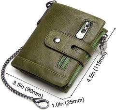 SLGOL Mens Chain Wallets with Anti-Theft Chain, Genuine Leather Purse RFID Blocking Bifold Wallet with Coin Pocket Purse (Green)