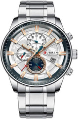 CURREN Luxury Leather Quartz Chronograph Analogue Silver RG Men Casual Wrist Watch Sport Watches CR-8362