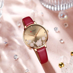 CURREN 9068 Brand Women Watch Fashion Flower Dial Quartz Ladies Leather Wristwatch Elegant Gift Lady Watche WITH ORIGNAL GIFT BOX - RED