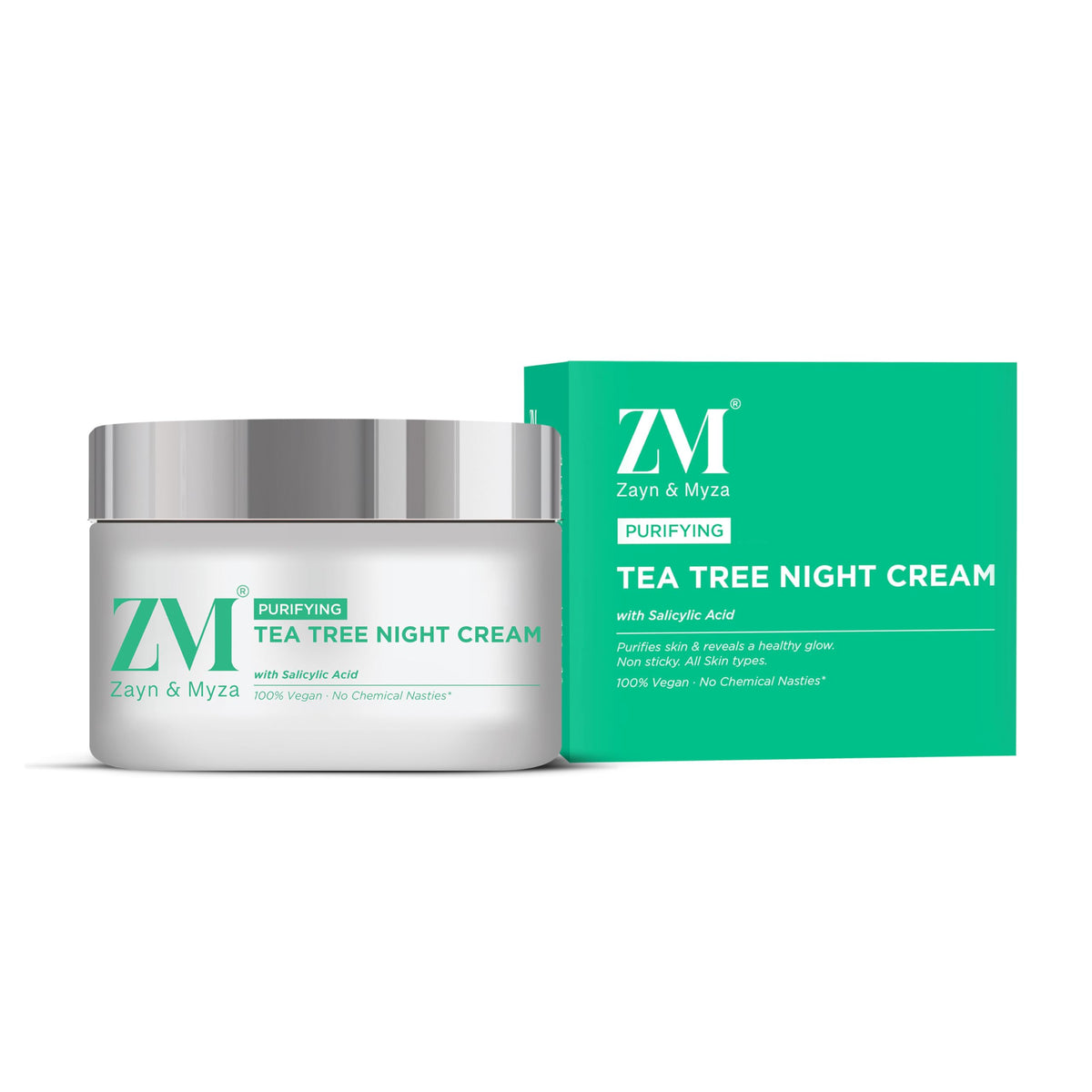 Zayn & Myza - Tea Tree Night Cream With Salicylic Acid Unclog Pores Dark Spots Pimple Marks Acne Lightweight Non-Sticky Face Cream For All Skin Types Halal Vegetarian Chemical-Free - 50g