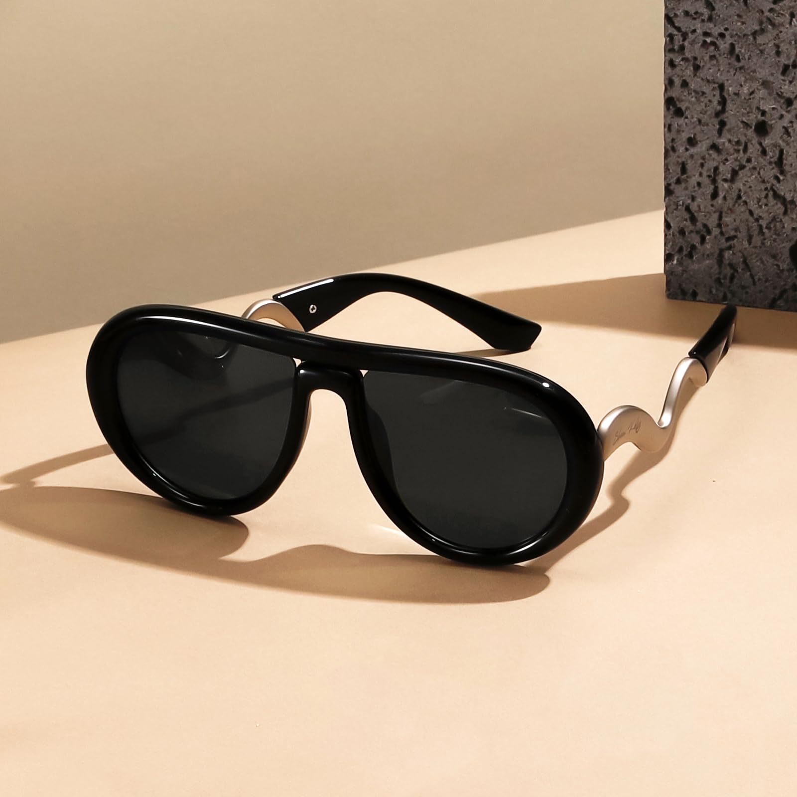 Oversized Trendy Polarized Pilot Sunglasses for Women Men Retro Oval Flat Top Frame Curved Metal Designer Eyewear