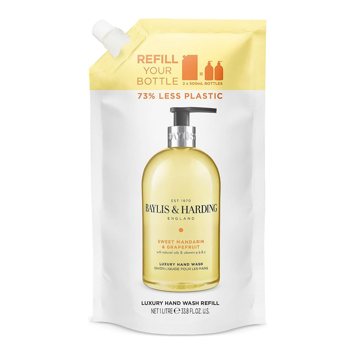 Baylis & Harding Sweet Mandarin & Grapefruit Hand Wash Refill Pouch 1 Litre | Enriched with Natural Oils & Vitamins A, B, C | Fruity & Floral Fragrance | Eco-Friendly Refill for 2 x 500ml Bottles
