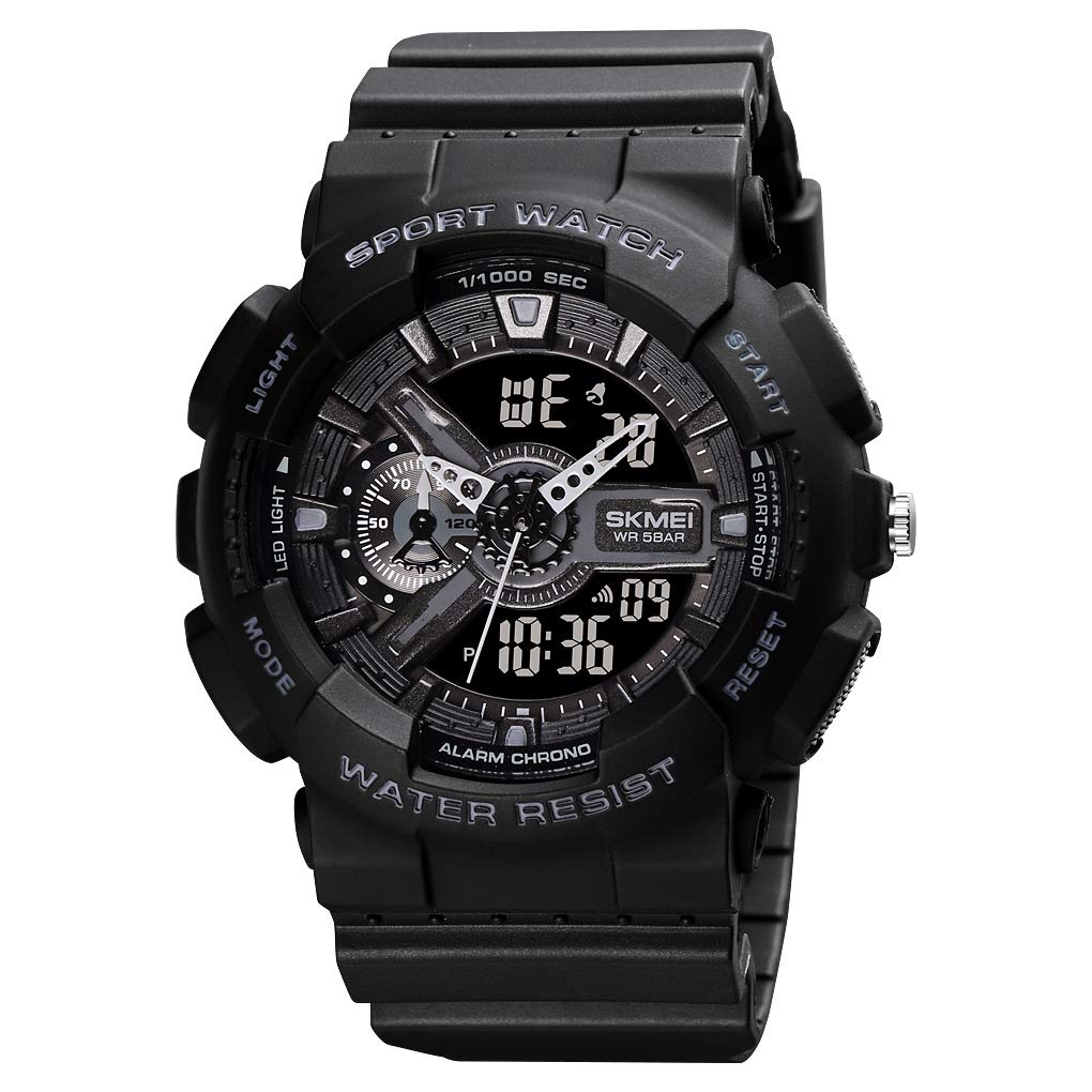 SKMEI Men's Digital Sports Watch, LED Square Large Face Analog Quartz Wrist Watch with Multi-Time Zone Waterproof Stopwatch