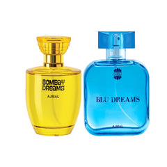 Ajmal Bombay Dreams EDP Floral Fruity Perfume 100ml for Women and Blu Dreams EDP Citurs Fruity Perfume 100ml for Men + 2 Parfum Testers FREE