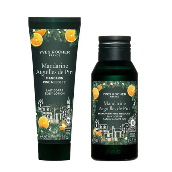 Yves Rocher Forest Mandarin Pine Needles Shower and Bath Gel and Hand Cream – Limited Edition – Mandarin Scent Set of 2, (30 ml /1 fl.oz)