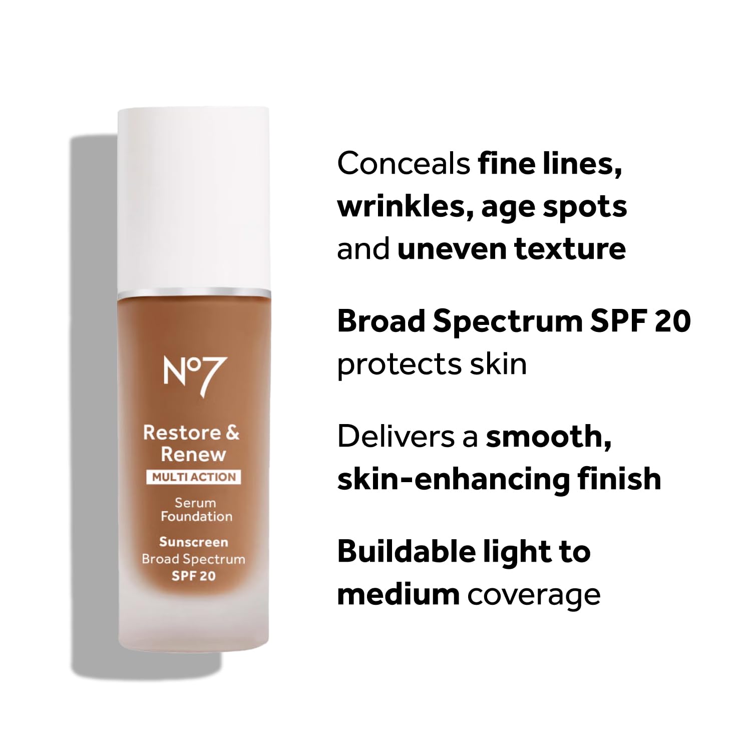 No7 Restore & Renew Multi Action Serum Foundation - Warm Beige - Liquid Foundation Makeup with Vitamin C, Vitamin E & Collagen for Face - Beauty Skin Serum Formula with Medium Coverage (30ml)