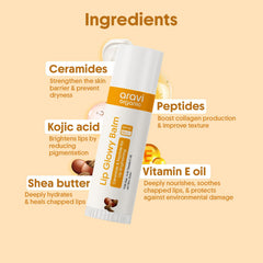 Aravi Organic Lip Glowy Balm With SPF 50 PA+++ & Kojic Acid - Ceramide & Peptide - SLS & Paraben Free 5 gm