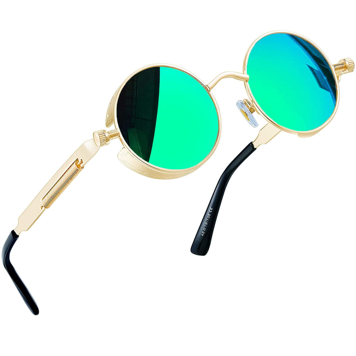 Joopin Steampunk Round Sunglasses - Metal Frame, 100% UV Protection (B01-Gold Mirrored Green)