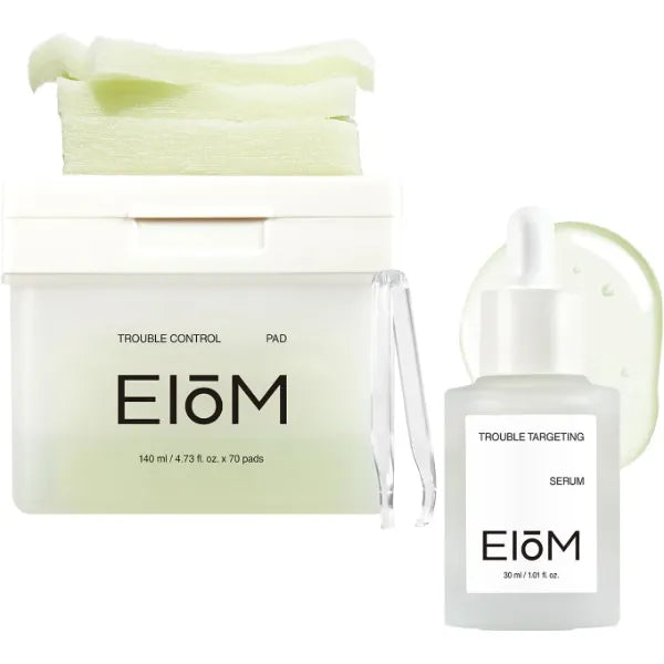EIOM Korean Acne Prone Skin Daily Care Set – Trouble Targeting Serum & Control Toner Pads with Tea Tree, Salicylic Acid & Hyaluronic Acid for Oily, Sensitive & Blemish-Prone Skin