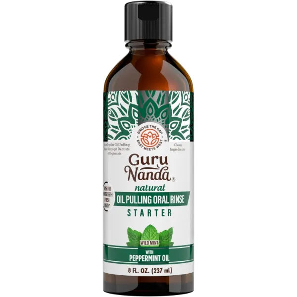 GuruNanda Starter Pulling Oil Mouthwash for Natural Teeth Whitening, Coconut and Peppermint Oil for Fresh Breath & Happy Gums, Alcohol-Free, 8 Oz