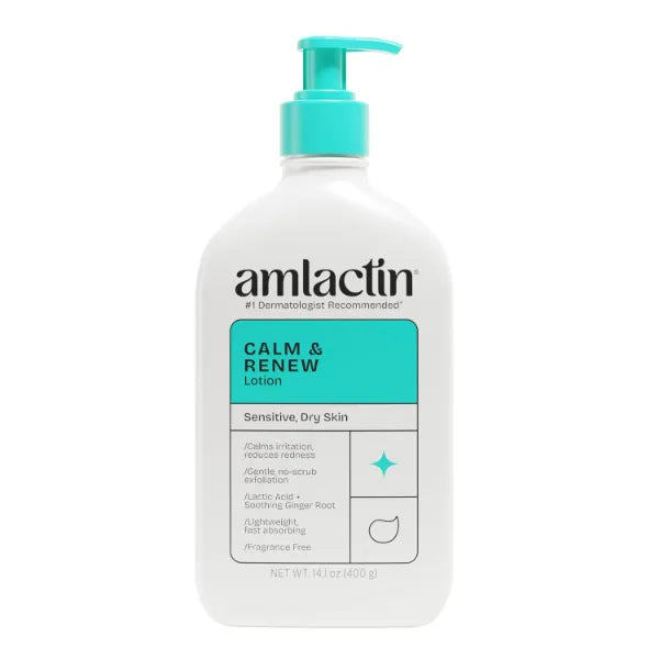AmLactin Calm & Renew Lotion - Therapeutic Body and Face Moisturizer for Sensitive Skin - No-Scrub Exfoliator and Body Lotion for Dry Skin with Lactic Acid AHA and Soothing Ginger Root, 14.1 oz