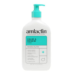 AmLactin Calm & Renew Lotion - Therapeutic Body and Face Moisturizer for Sensitive Skin - No-Scrub Exfoliator and Body Lotion for Dry Skin with Lactic Acid AHA and Soothing Ginger Root, 14.1 oz