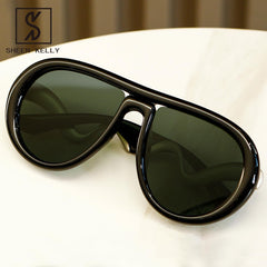 Oversized Trendy Polarized Pilot Sunglasses for Women Men Retro Oval Flat Top Frame Curved Metal Designer Eyewear