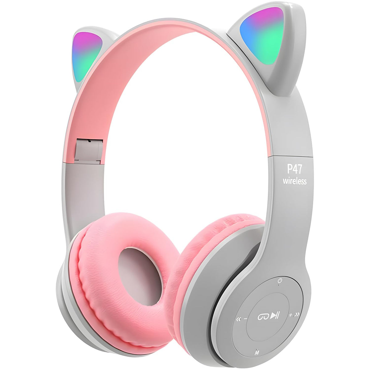 Aputue Cat Ear Kids Headphones, LED Light up Bluetooth 5.0 Wireless Kids Headphones, Foldable Cat Ear Headphones for Smartphone, Tablet, Pc, Kids Gaming Headset with Long Run Time - Grey