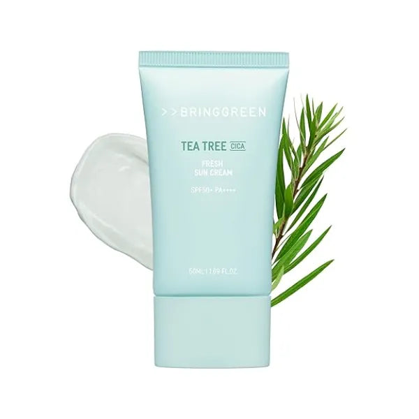 BRING GREEN Tea Tree CICA Mineral Sunscreen SPF 50+ PA++++ Non Nano Zinc Oxide Face Sun Lotion, Reef Safe Korean Sunscreen for Sensitive Skin, Oil Free, 1.69 fl. oz
