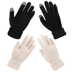 Women's Winter Touchscreen Gloves, Warm Fleece Lined Knit Gloves, Elastic Cuff Winter Texting Gloves, Warm Windproof Solid Color Mittens, Warm Touch Screen Knit Fleece Gloves for Cold Weather (2 Pair)