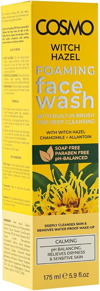 CD COSMO DESIGNS Witch Hazel Foaming Face Wash 175ml, With Built in Brush for Deep Cleansing, Ph Balanced and Paraben Free, Relieve Dryness & Sensitive Skin, for Daily Use