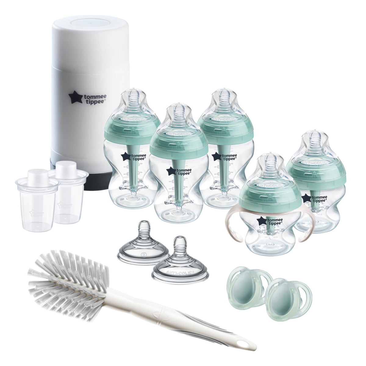Tommee Tippee Advanced Anti-Colic Ready for Baby Bottle Set, 5oz and 9oz Self-Sterilizing Bottles, Slow and Medium Flow, 0-6 Month Pacifiers, Travel Bottle Warmer, Removable Bottle Handles