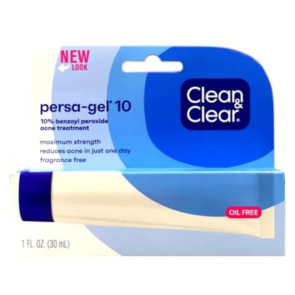 Clean & Clear Persa Gel 10 Acne Medication Spot Treatment with Maximum Strength 10% Benzoyl Peroxide, Pimple Cream & Acne Gel Medicine for Face Acne with Benzoyl Peroxide Medication, 1 oz