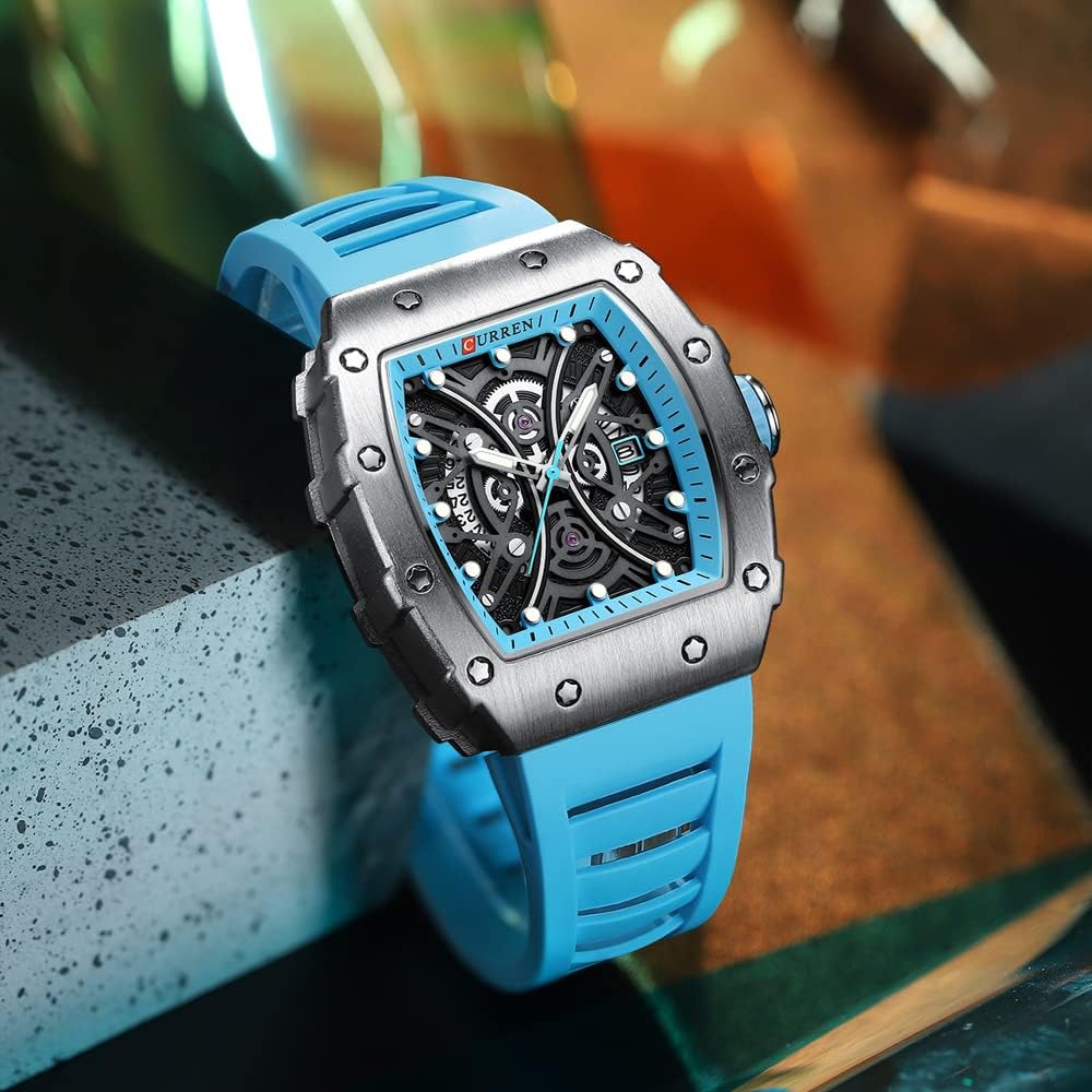 CURREN New Rectangular Luminous Watch Men Sports Casual Silicone Bracelet Semi Hollow Auto Date Dail Wristwatch 8438 - Sky blue