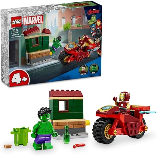 LEGO Marvel Iron Man with Bike and The Hulk, Super Hero Building Toy for Kids, Collectible Playset with Vehicle and Minifigures, Gift for Boys and Girls Aged 4 and Over 76287