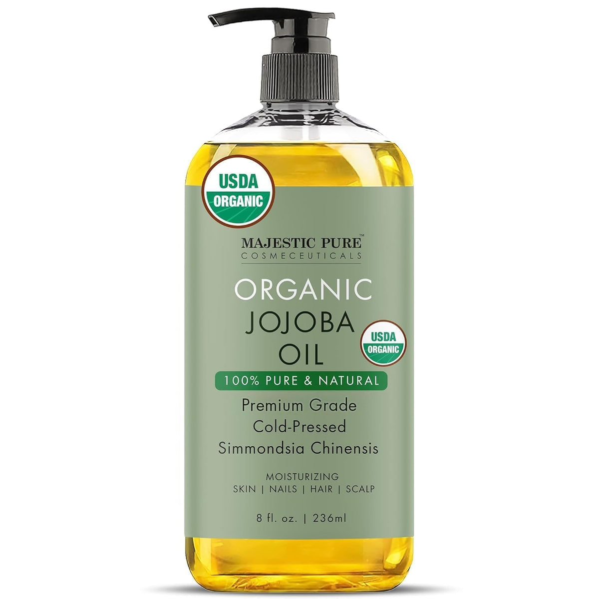 Majestic Pure Organic Jojoba Oil - Large 236 ML | 100% Pure and Natural, Cold-Pressed | Moisturizing for Skin Care, Massage, Hair Care, and to Dilute Essential Oils