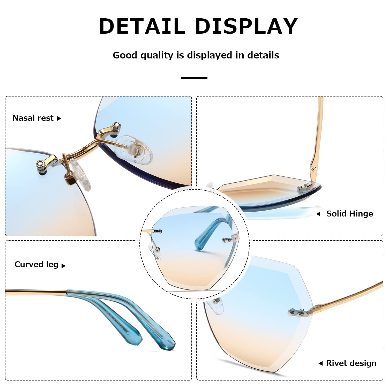 AEVOGUE Oversized Rimless Diamond Cutting Sunglasses for Women (AE0534) - Blue/Brown