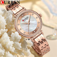 CURREN New Simple Thin Quartz Watch Women's Silver Stainless Steel Wrist Watch With Rhinestones - ROSE