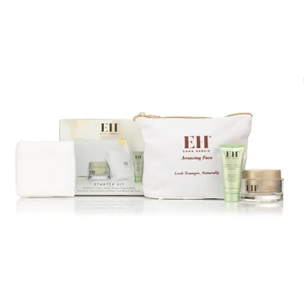 Emma Hardie Starter Kit Travel Size 50ml Moringa Cleansing Balm, Travel Size 15ml Midas Touch Revitalising Cream & Professional Cleansing Cloth, Packed in a Cosmetic Bag, Natural