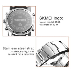 SKMEI Mens Wrist Watch, Waterproof Military Analog Digital Watches with LED Multi Time Chronograph, Stainless Steel Business Watches for Men - 1389-Blue