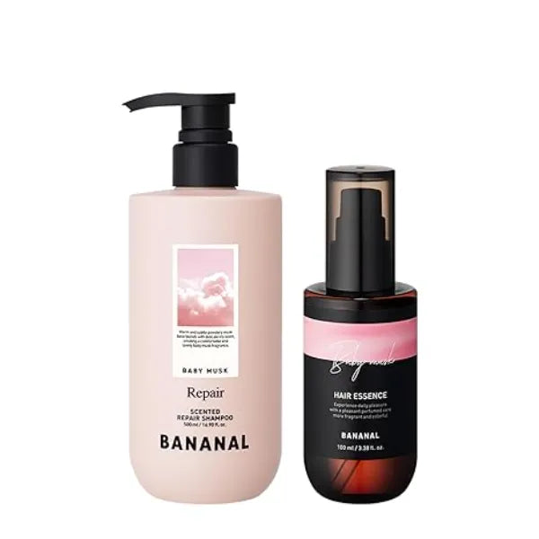 BANANAL Repair Shampoo & Perfumed Oil Serum Set Strengthen Ceramide & Jojoba, Revitalize Moroccan ArganOil, Dry Damage Repair, Frizz Control, Shine, Clean, Paraben free Baby Musk