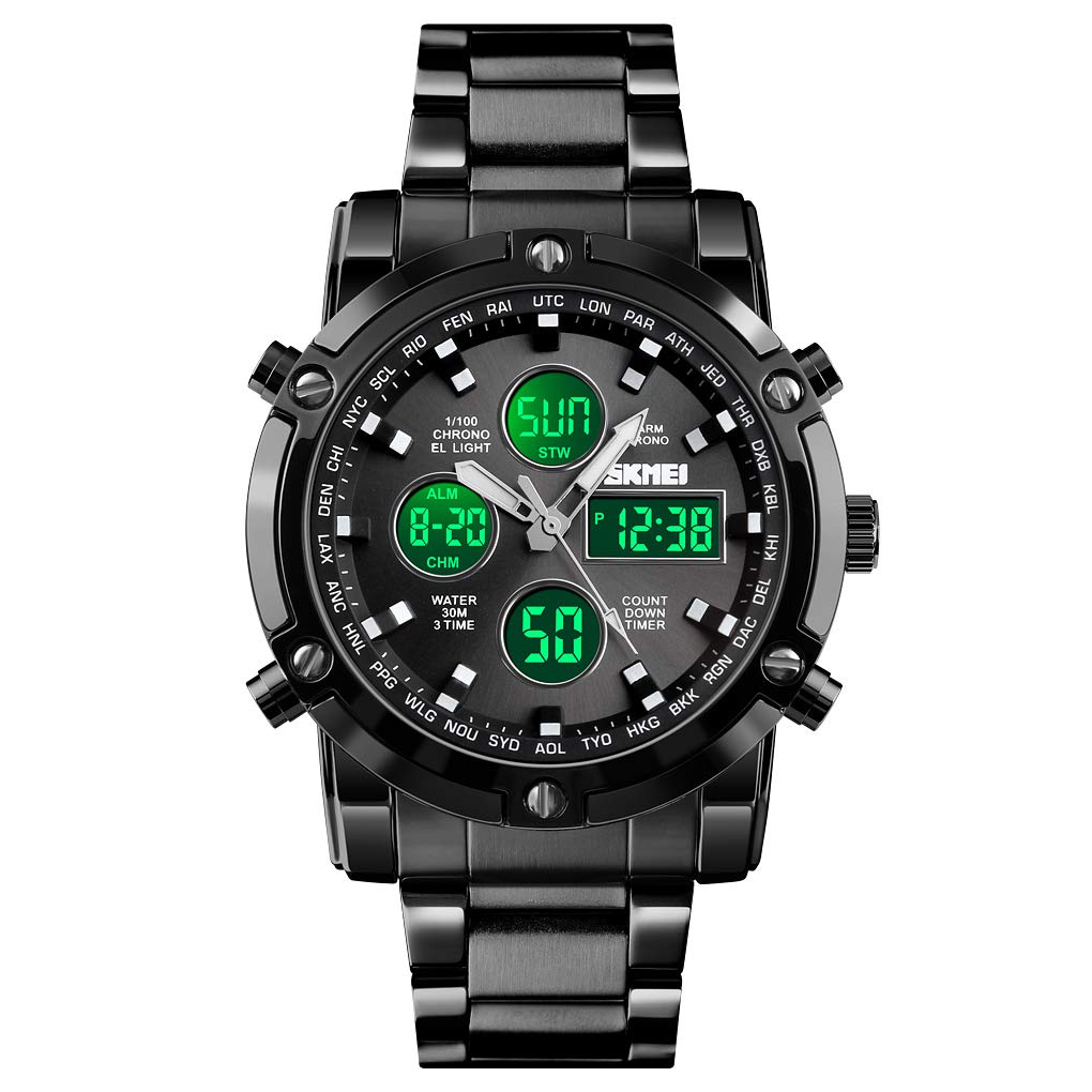 SKMEI Mens Wrist Watch,Stainless Steel Analog Digital Sport Wrist Watch for Men, Black, Digital