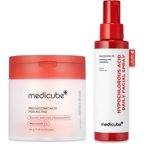 medicube Swipe & Spray Red duo for Troubled Skin, Red Succinic Acid Panthenol Facial Peeling Pads (155g) and Power Soothing Spray (125ml)