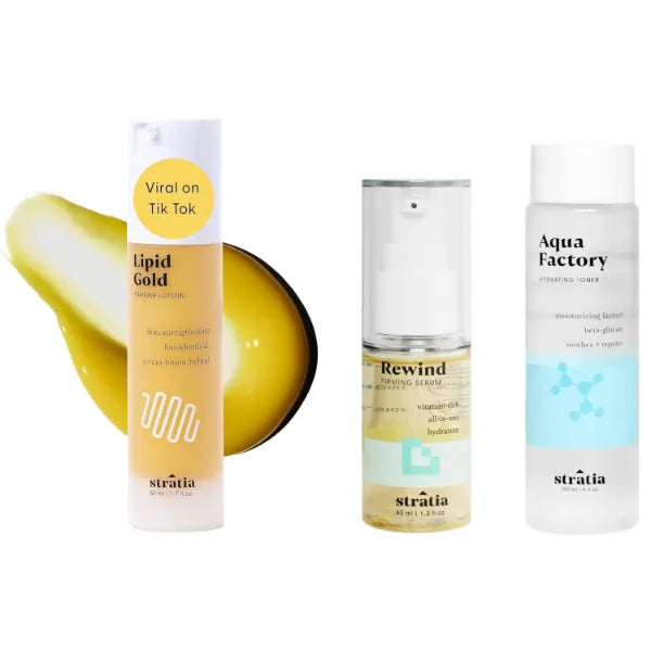 Stratia Skincare Set - Lipid Gold Ceramide Moisturizer, Rewind Firming Serum & Aqua Factory Toner - Strengthens Skin Barrier, Hydrates, Firms, Brightens, Soothes - Bundle of 3 Full-Size Bottles
