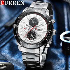 CURREN 8417 Men's Wristwatch Chronograph Waterproof Brand Luxury Sports Military - SILVER WHITE