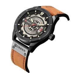 CURREN Men's Analog Watch Gun Metal Steel Case Silver Dial Brown Calendar Window Leather Strap - Brown