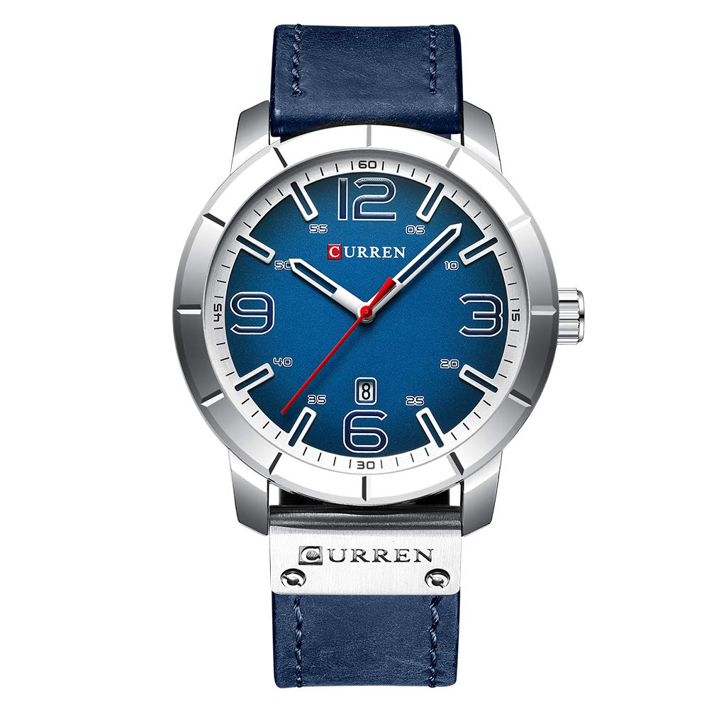 Mens Watches,CURREN Watches Quartz Analog Calendar,Wrist Watch for Men, Fashion Waterproof Leather Strap - Blue