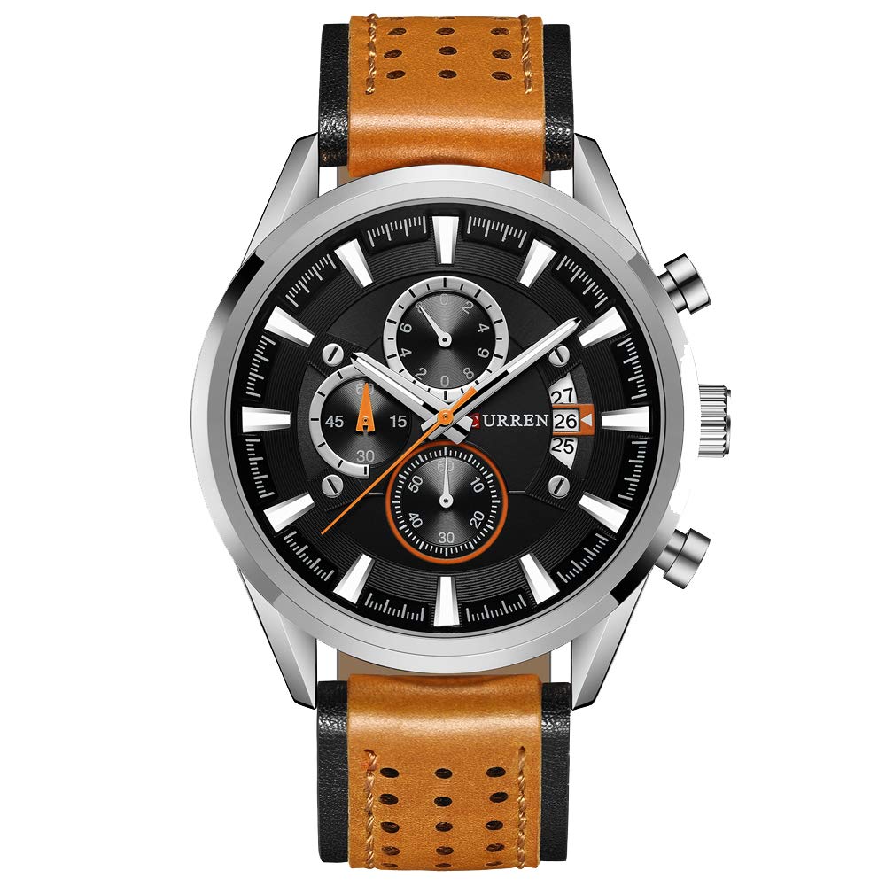 Curren 8290 Leather Round Analog-Chrono With Date Display Brown, Silver Watch for Men