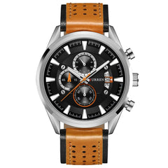 Curren 8290 Leather Round Analog-Chrono With Date Display Brown, Silver Watch for Men