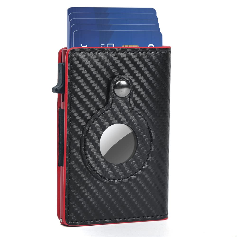 Fermido Air Tag Wallet for Men Anti-Lost Slim Leather Wallet with AirTag Holder RFID Credit Card Holder with Money Clip…, Red Carbon Fiber