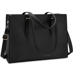 Laptop Bag for Women Waterproof Lightweight Leather 15.6 Inch Computer Tote Bag - Black