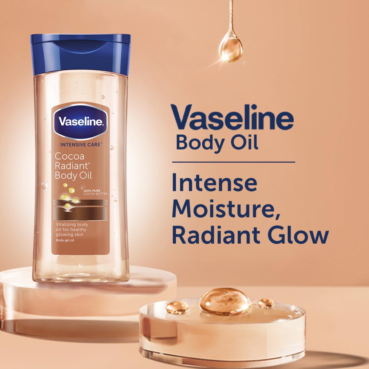 Vaseline Intensive Care Cocoa Radiant Vitalizing Body Oil With 100% Pure Cocoa Butter & Replenishing Oils For Long-Lasting Radiant Glow| Non-Greasy Body Gel Oil for Healthy & Glowing Skin - 200 ml