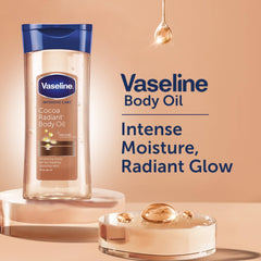 Vaseline Intensive Care Cocoa Radiant Vitalizing Body Oil With 100% Pure Cocoa Butter & Replenishing Oils For Long-Lasting Radiant Glow| Non-Greasy Body Gel Oil for Healthy & Glowing Skin - 200 ml