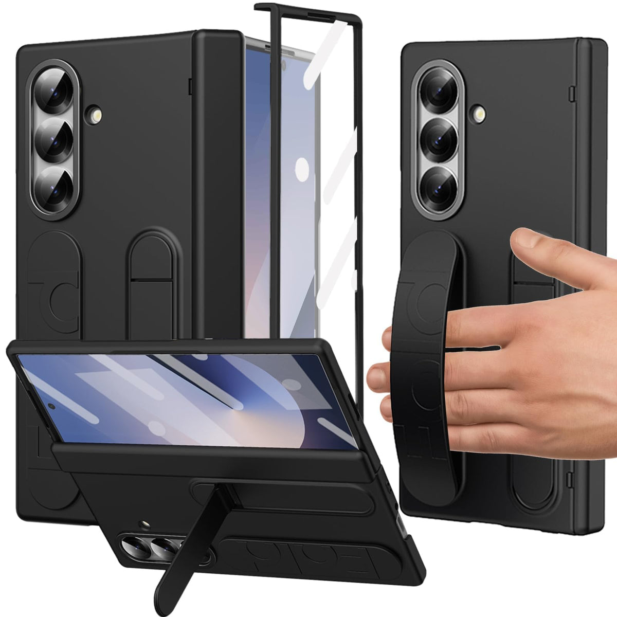 Phone Case for Samsung Galaxy Z Fold 7 with Wrist Strap, Kickstand, Hinge & Edge Protection, HD Screen Protector Included, Full Coverage Shockproof Stand Cover, Drop Resistant (Black)
