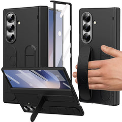 Phone Case for Samsung Galaxy Z Fold 7 with Wrist Strap, Kickstand, Hinge & Edge Protection, HD Screen Protector Included, Full Coverage Shockproof Stand Cover, Drop Resistant (Black)