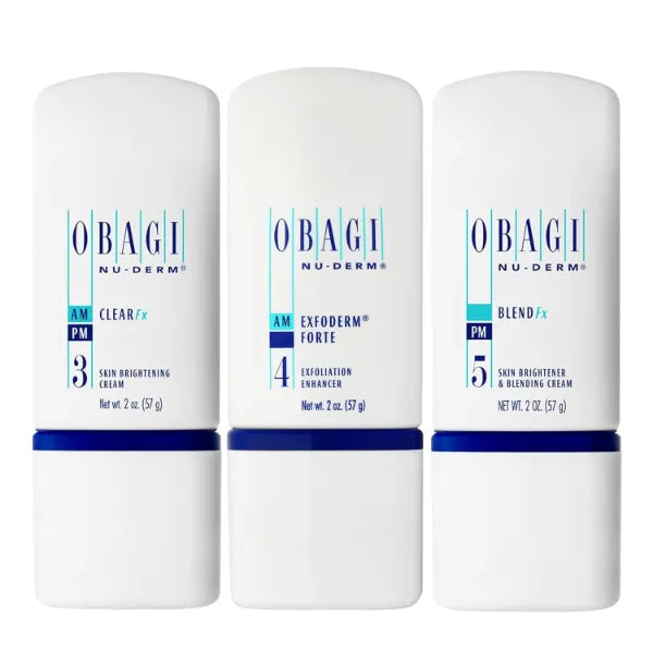 Obagi Medical Nu-Derm Hyperpigmentation Essentials with Clear Fx Cream, Blend Fx Night Cream, & Exfoderm Forte Exfoliator – Brightening & Exfoliating Hyperpigmentation Regimen - 2oz