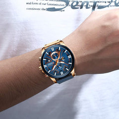 CURREN Mens Watches Luxury Chronograph Big Dial Male Watch Wrist Leather Waterproof Sport Army Military - rose gold blue