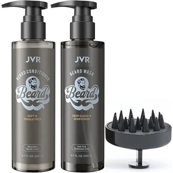 JVR Beard Wash and Beard Conditioner for Men, Beard Shampoo Cleanse and Reduces Frizz, Soften & Strengthens, Organic with Coconut, Aloe, Provides Shine for Dry & Coarse Beards, Beard Care 6.7oz