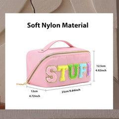 Aquafalcon Makeup Bag, Large Capacity Travel Cosmetic Bag, Chenille Letter Open Flat PU Stuff Makeup Bag, Portable Travel Makeup Bag With Handle and Divider Flat Lay Makeup Organizer Bag, Pink