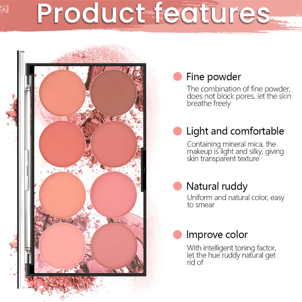 YARDHOBI 8 Colors Blush Palette, Matte Mineral Blush Powder, Bright Shimmer Face Blush, Contour and Highlight Blush Palette, Professional Facial Beauty Cosmetic Makeup Blush, with Blush Brush